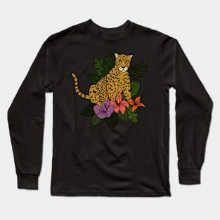 Jaguar Tropical Vibes Big Cat Floral Style Long Sleeve T-Shirt